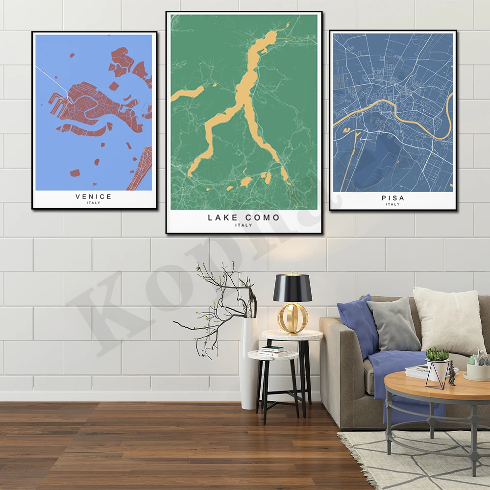 

Lake Como Pisa Venice Italy City Color Map Minimalist Home Wall Decor Poster