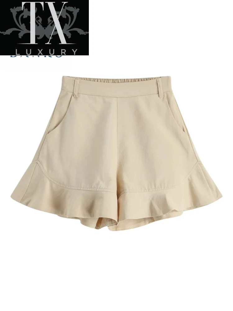 

Women Short 2022 Summer New Preppy Style Fashion All-Match Wide Leg Pants Cutey Ruffle Edge High Waist Casual Baggy Shorts Mujer