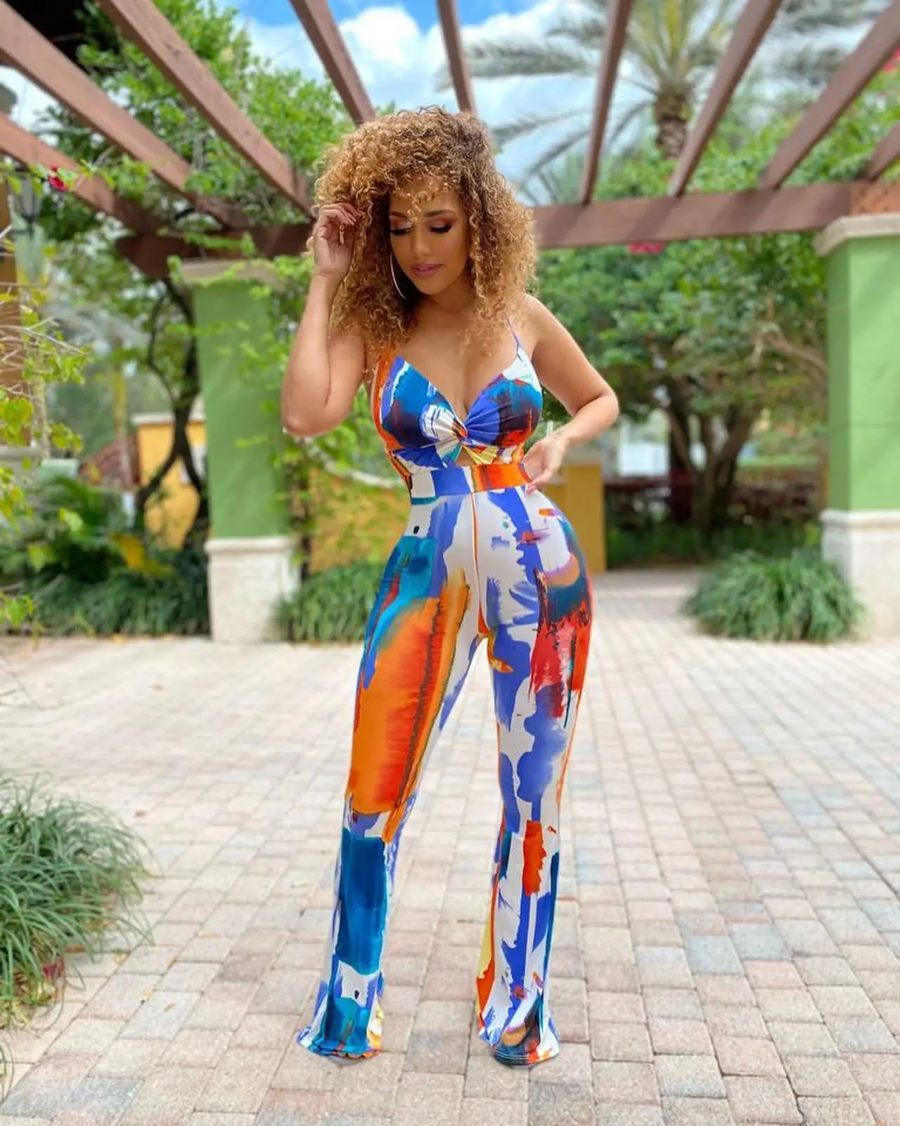 

MUDAN Women 2022 Summer New Tie Dye Spaghetti Strap V-neck Wide LegBodycon Jumpsuit Sexy Night Party Club Overall Playsuits