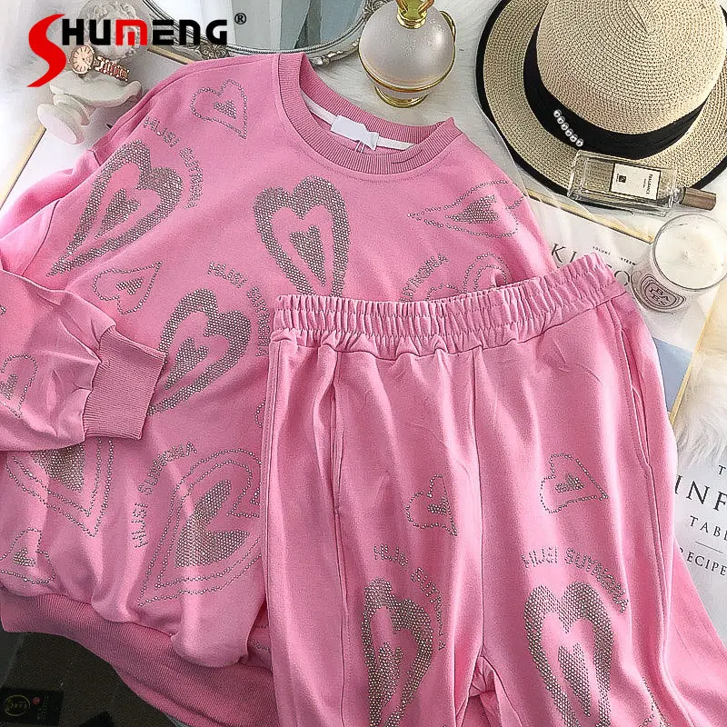 

Новая повседневная Свободная Толстовка Стразы в стиле High Street, Женская Осенняя мода, милые спортивные брюки с завязкой на щиколотке, костюм и...