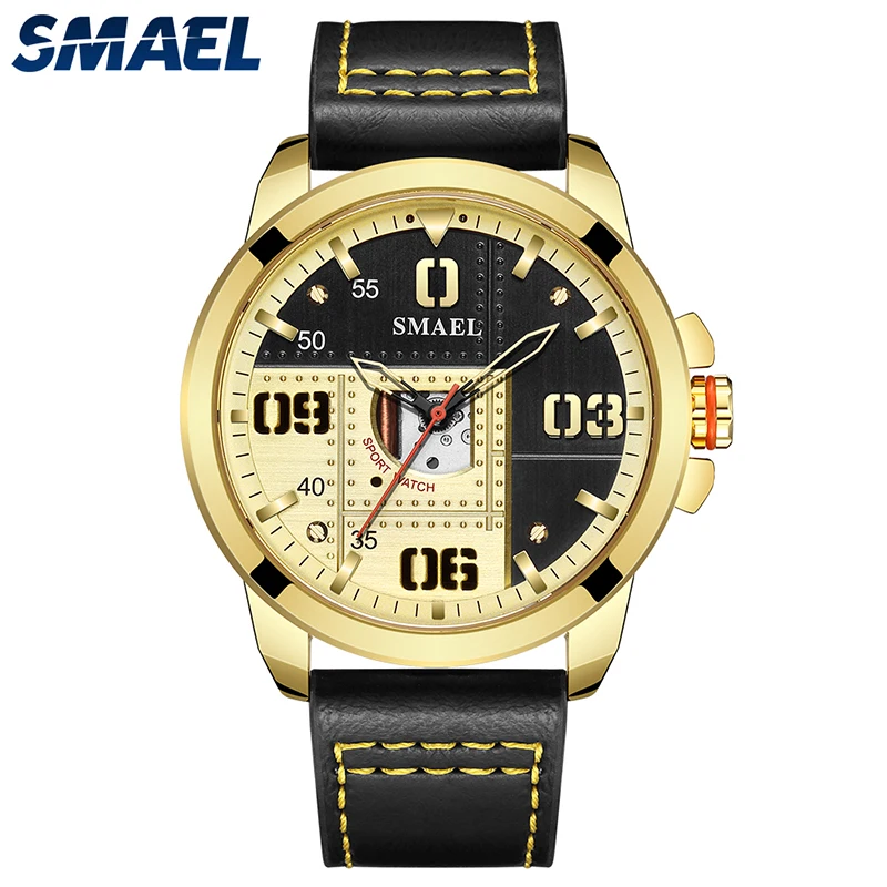

Мужские кварцевые часы SMAEL Wacth, с Т-образным геометрическим дизайном, циферблат, водонепроницаемость 30 м, кожаный браслет, 9168
