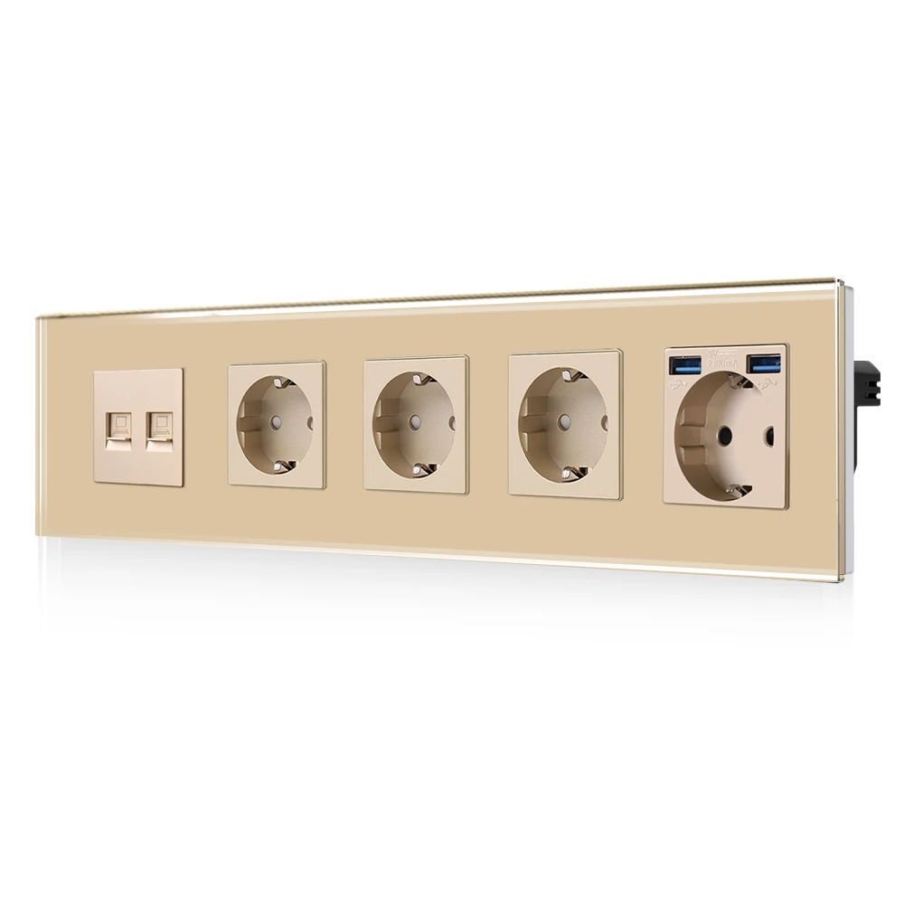 Bingoelec 3-в-1 комплект USB-розетки европейского стандарта и комплектация питания компьютера CAT6 с немецкой вилкой, золотая рамка из закаленного стекла Schuko для дома.