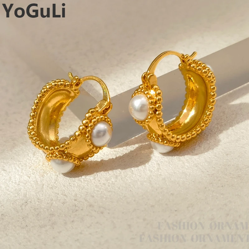 

Retro Jewelry High Quality Copper Metal Gold Color Simulated Pearl Hoop Earrings For Women Female Party Wedding Elegant Gift