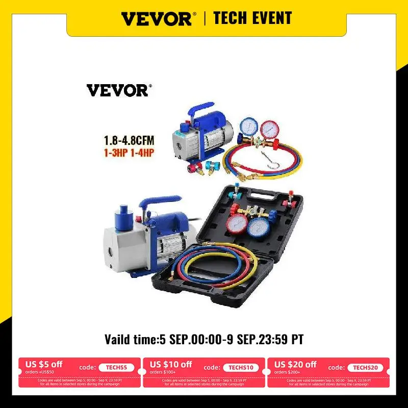 VEVOR комплекты вакуумных насосов для хладагента 1.8-4.8CFM HVAC охлаждение 1/3 1/4 HP с