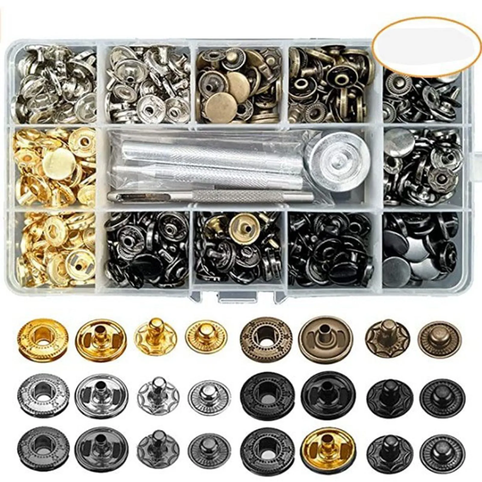 

132pcs Snap Buttons Kit With 4 Installation Tool Storage Box 6 Color DIY Easy Installation For Clothing Bags