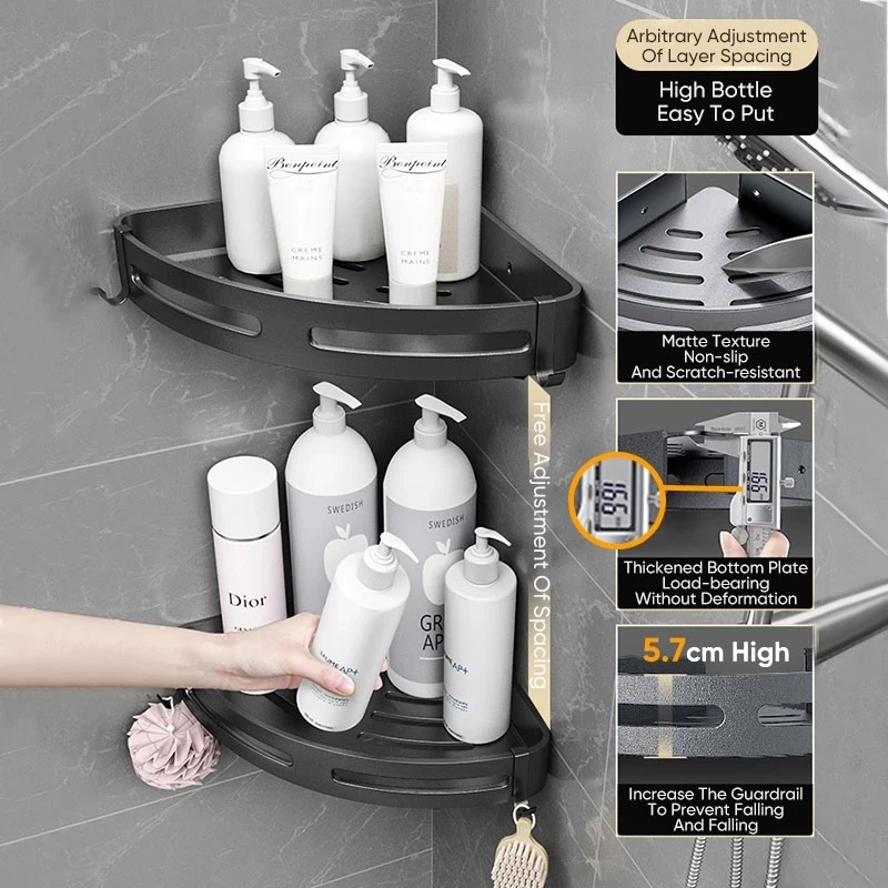 

Bathroom Shelf Shampoo Shower Storage Rack Corner Shelf Aluminum Wall Mount Shower Shelves With Hooks Bathroom Accessories