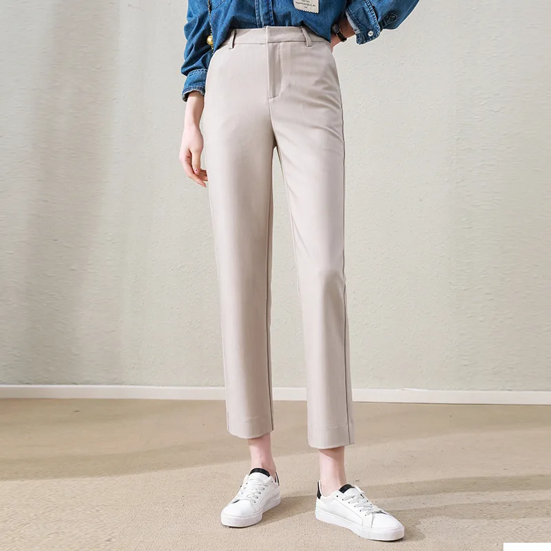 Fashion Casual Ladies Black Ankle Length Cotton Pants Laides High Waist Slim Office Lady Trousers Summer Pants