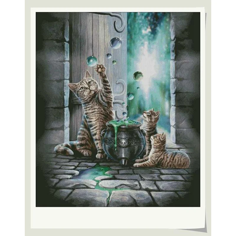 Amishop Top Quality Beautiful Lovely Counted Cross Stitch Kit DIY Cats Play Magic Bubble Kitty Chimera