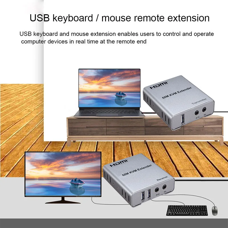 Фото USB KVM HDMI-удлинитель по CAT5E/6 RJ45, 60 м, 1080p, 60 Гц, HDMI-передатчик-приемник с ИК-управлением для подключения ПК к телевизору/монитору №2