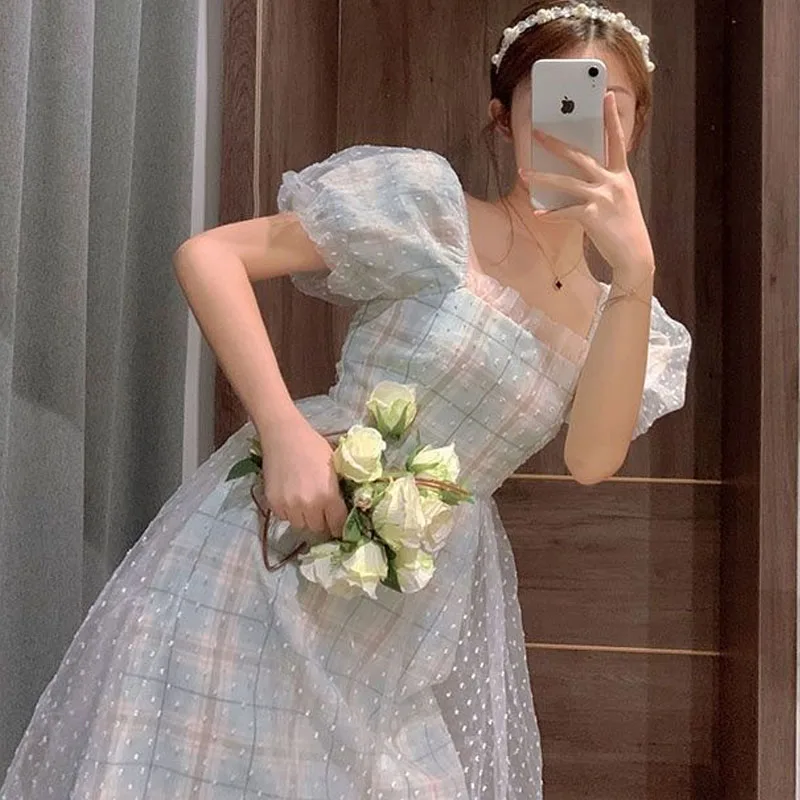 

French Puff Sleeve Midi Dress Women Square Collar Design Court Vintage Dress Femme Casual Korea Slim Chiffon Summer Dresses 2021