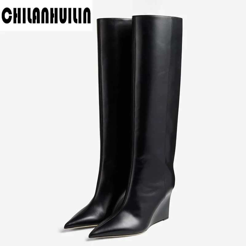 

new fashion slip-on ladies wedge knee high boots shoes woman sexy elegant solid pointed-toe woman boots big size botas mujer