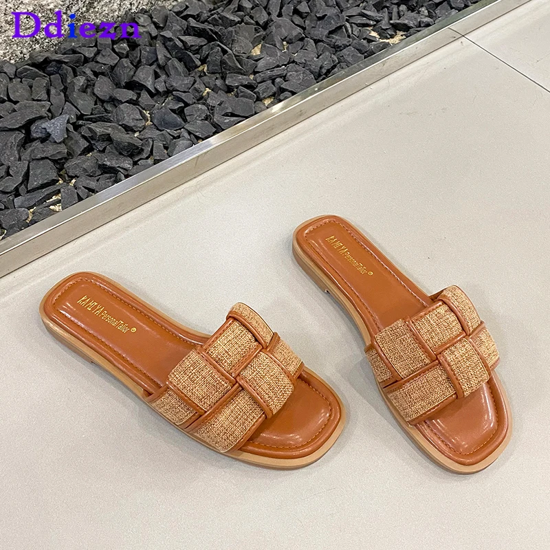 

Women Shoes Outdoor Flats Slippers 2023 Summer New In Fashion Female Beach Slides Weave Casual Sandals Ladies Flats Shoes