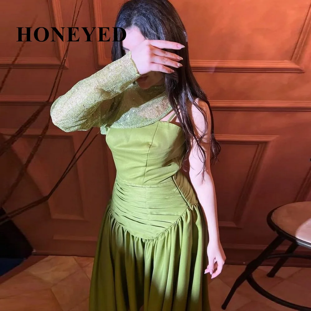 

Honeyed Glitter Evening Dress for Wedding Party Satin One Shoulder Green A-Line Arabic Long Prom Gowns Celebrity Gown