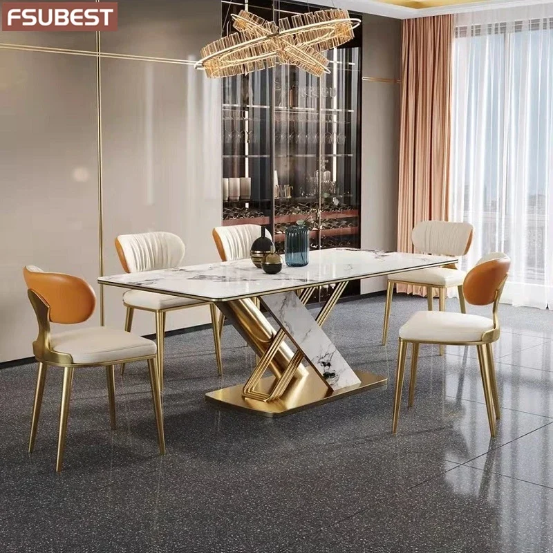 

Дизайнерская Роскошная обеденная каменная плита, обеденный стол, набор из 4, 6 стульев, стол, мебель для стола, мрамор, нержавеющая сталь, Золотая основа
