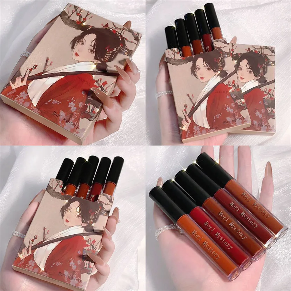 

5pcs/Set Lip Glaze Liquid Lipstick Matte Velvet Non-stick Cup Long Lasting Not Easy To Fade Lip Gloss Sexy Red Lip Make Up Set