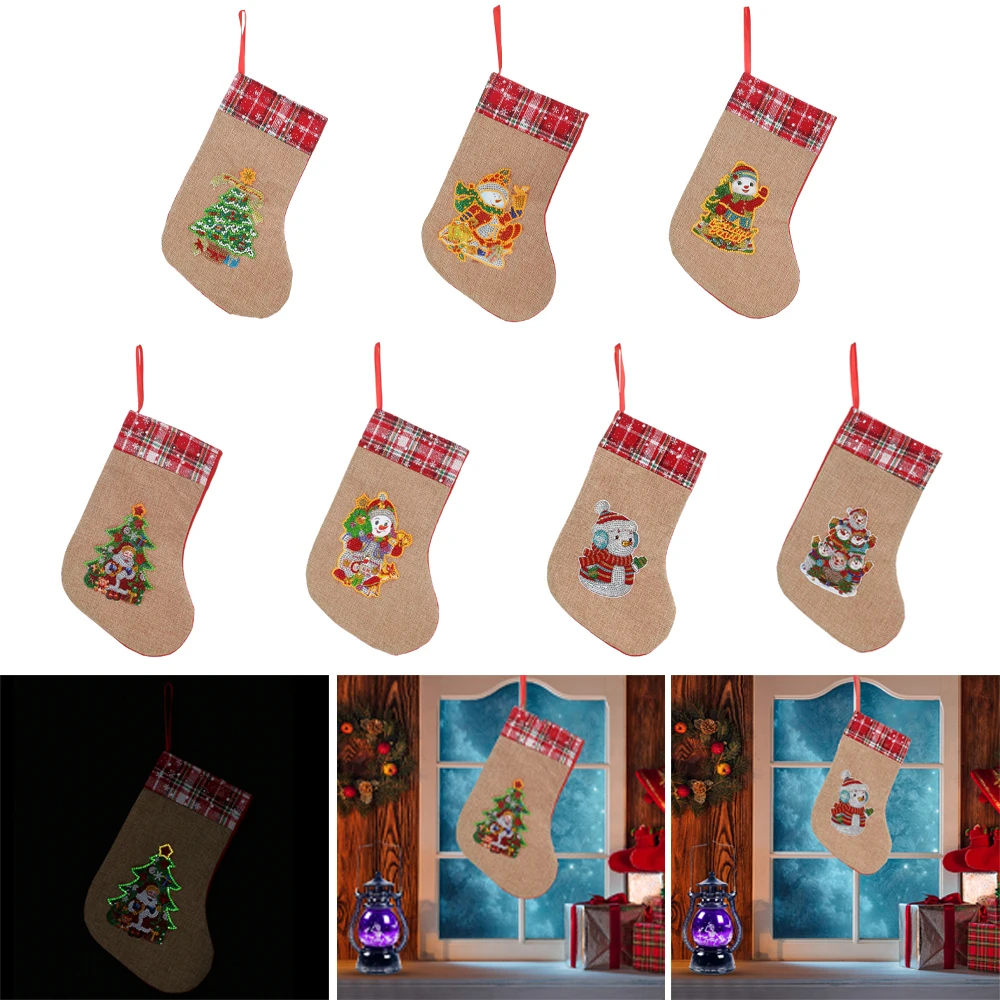 

5D DIY Diamond Painting Christmas Sock Luminous Cartoon Rhinestone Art Embroidery Mosaic Gift Bag Candy Storage Bags Xmas Gifts