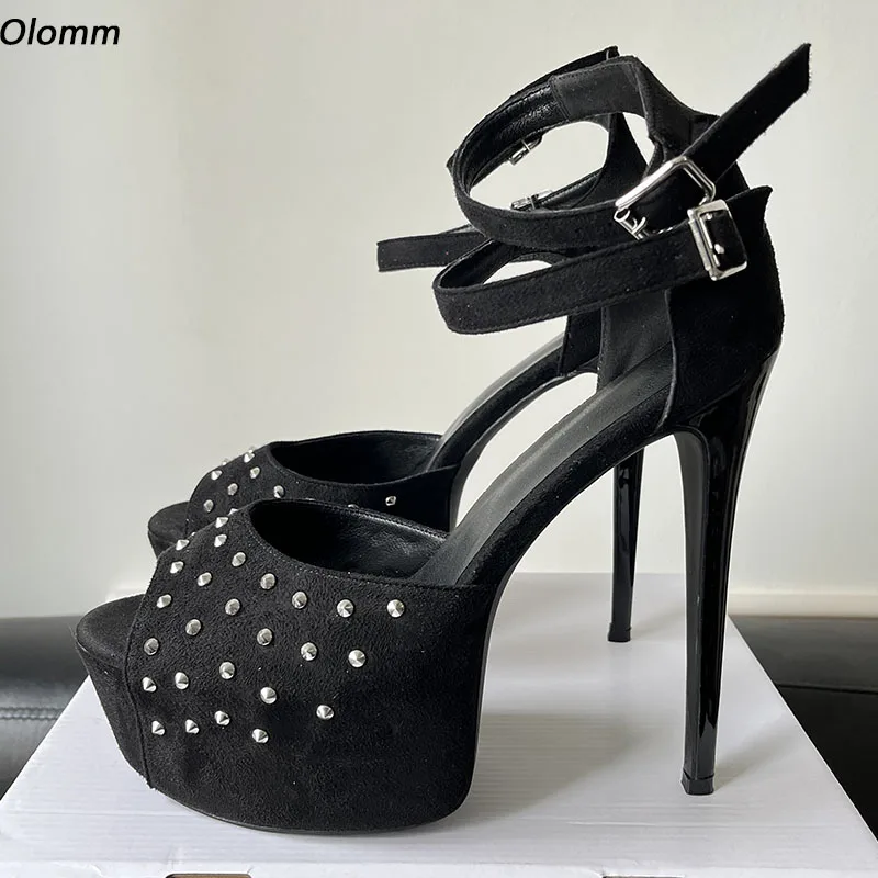 

Olomm Handmade Women Platform Sandals Sexy Studded Stiletto Heels Peep Toe Elegant Black Party Shoes Ladies Size 35 47 52