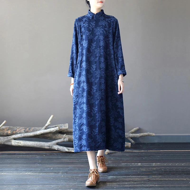 

Женские платья в китайском стиле, жаккардовые трапециевидные платья-Ципао со стоячим воротником и длинным рукавом, однотонные осенние плат...