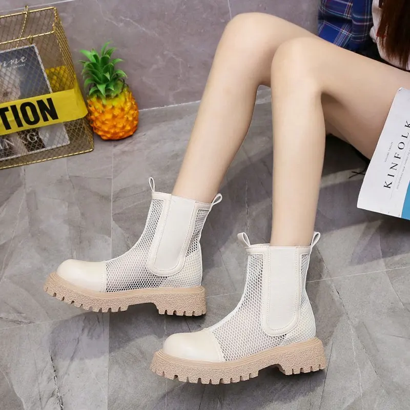 2022 New Super High Heel Fashion Net Boots Women  Zipper Ankle Boots Spring Summer Thick Heel Round Toe Boots