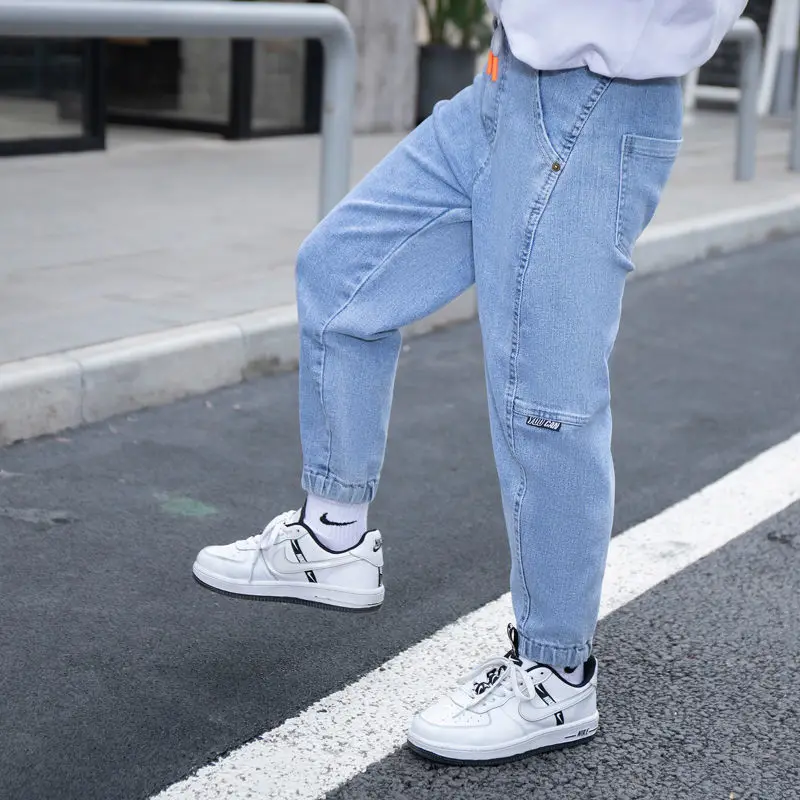 

New Spring/Autumn Pants Boys Light Blue Baggy Jeans Elastic Waist Loose Harem Pant Sweatpants Boys Streetwear Casual Trousers