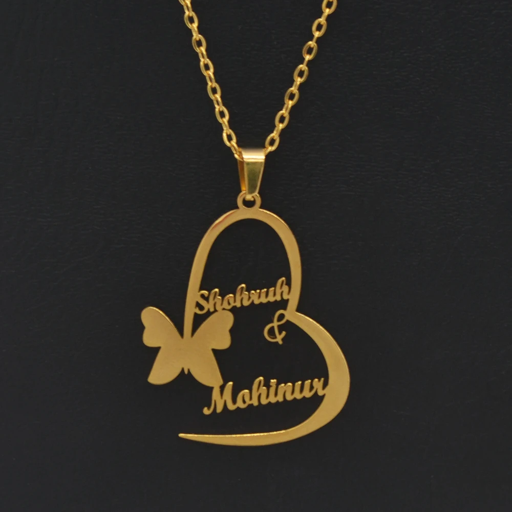 Custom Name Necklace Romantic Heart Butterfly Shape Pendant Personality Fashion Stainless Steel Cutting Nameplate Jewelry Lady
