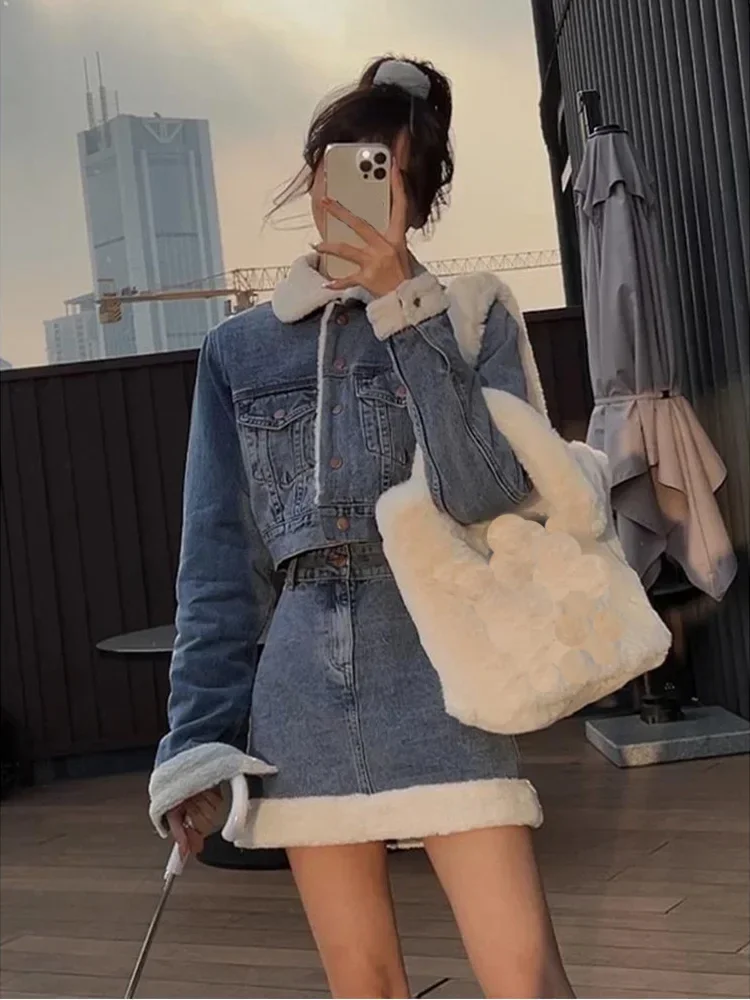 Женский джинсовый костюм из двух предметов джинсовая куртка с имитацией овечьей