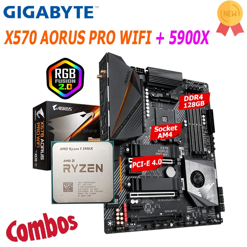

Gigabyte Socket AM4 X570 AORUS PRO WIFI +5900X Motherboard Combo Desktop M.2 AMD Ryzen Mainboard DDR4 128GB PCI-E 4.0 NEW ATX