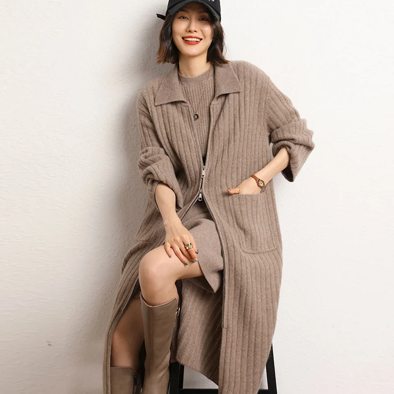 

2023 Autumn Winter New 100% Cashmere Cardigan Knitted Sweater Women's Loose Large Size Long Cardigans Solid Thicken Warm Coat