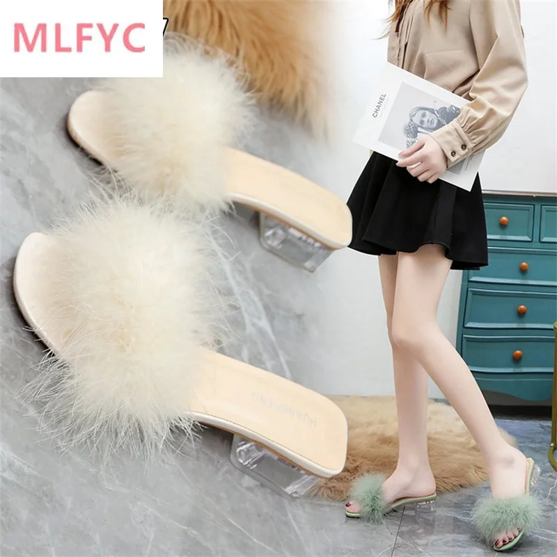 

Hairy slippers women's summer high heels women's new fashion shoes schoolgirls thick heel sandals and slippers women's shoes