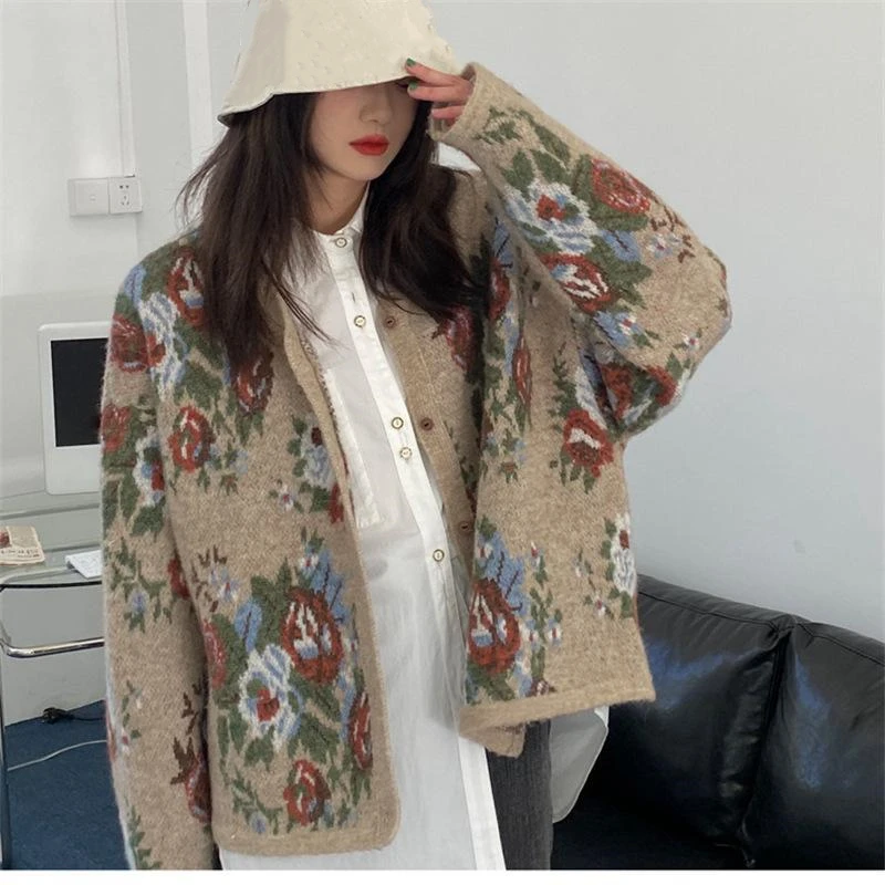 

Vintage Y2K Style Women's Sweater Floral Printed Knitted Cardigans Long Sleeve Single Breasted Knitwear 2022 Autumn Jacket Coat