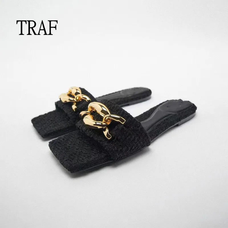 

TRAF Black Slippers Women 2022 Fashion Chain Flat Sandals Female Elegant Slippers Designer Party Lady Shoes Streetwear