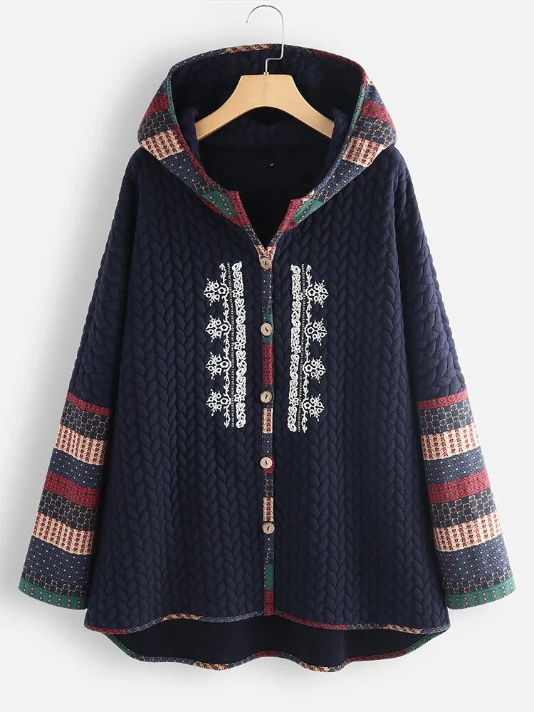 2022 autumn and winter new hooded cotton coat single-breasted ethnic print long-sleeved mid-length coat women
