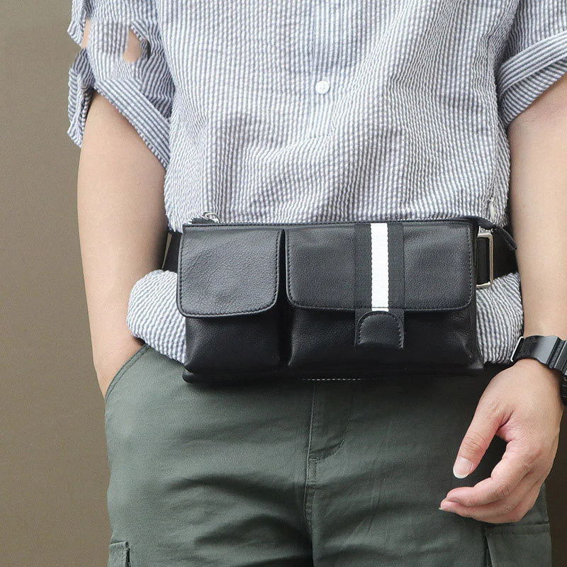 

New Fashion Leather Waist Bag Soft Cowskin Leather Waist Packs Black Men Bags Belt Bag for male fanny packs
