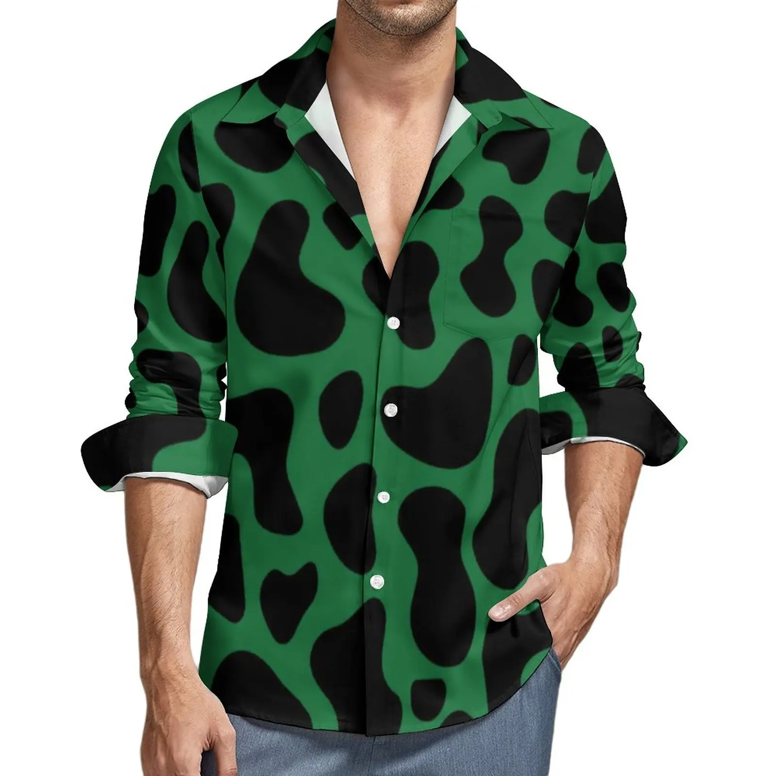 

Cow Print Clover Irish Gift Casual Shirts Green And Black Spots Shirt Long Sleeve Vintage Funny Blouses Custom Clothes Plus Size