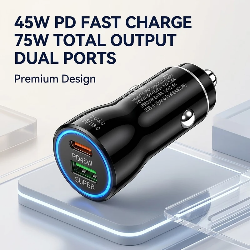 Фото Автомобильное зарядное устройство с двумя портами USB-C PD3.0 и QC3.0, 45 Вт, с быстрой зарядкой и улучшенной защитой, совместимо с автомобилями 12В/24В №1