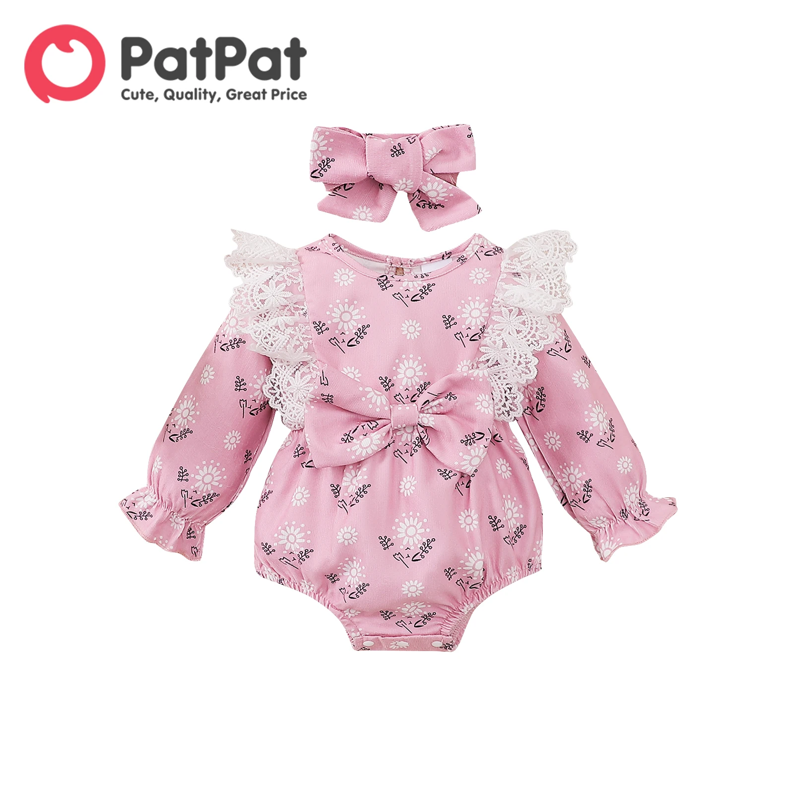 

PatPat 2pcs Baby Girl Allover Floral Print Corduroy Spliced Lace Long-sleeve Bow Front Romper with Headband Set