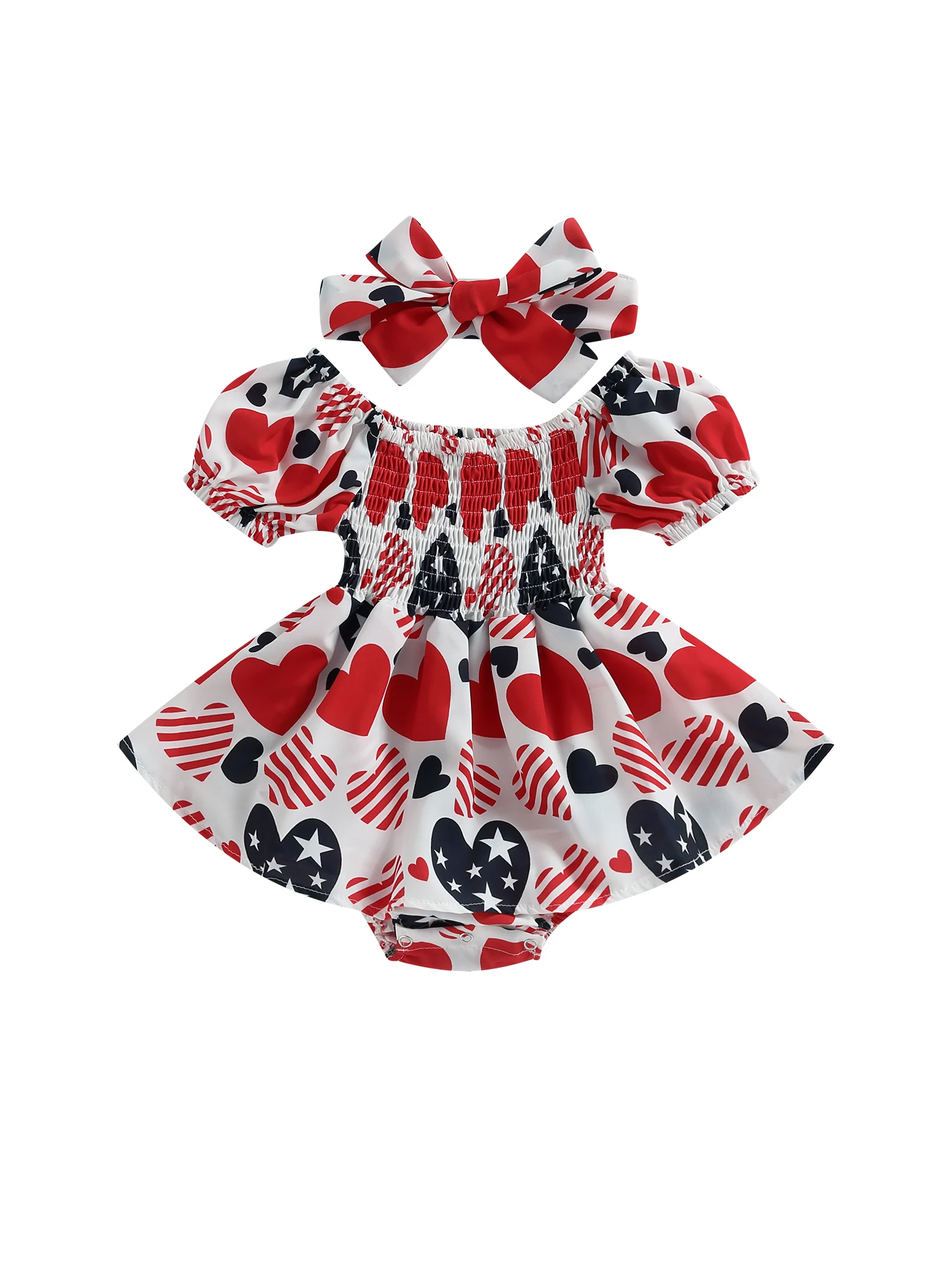 

Комбинезон для маленьких девочек 4 июля, Летний комбинезон с коротким рукавом и принтом в виде сердечек и звезд, боди на пуговицах для малыше...