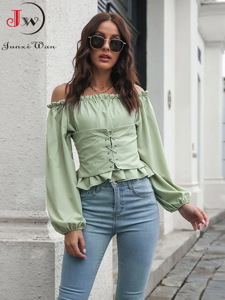 

Solid Color Off Shoulder Women Blouse Spring Summer Lantern Long Sleeve Bandage Shirts Tops and Blouses