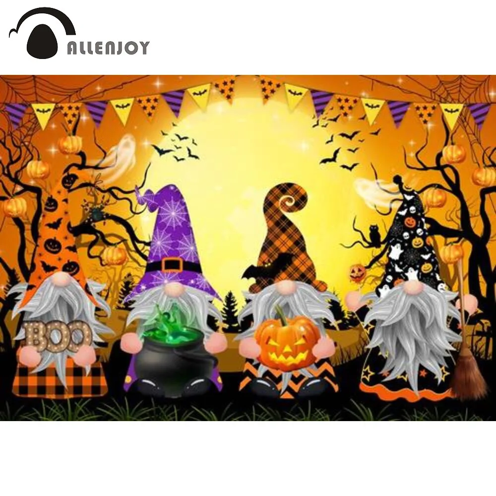 Allenjoy Halloween Gnomes Backdrop Boy Girl Orange Forest Night Moon Bat Wall Decor Pumpkin Baby Shower Birthday Party Supplies