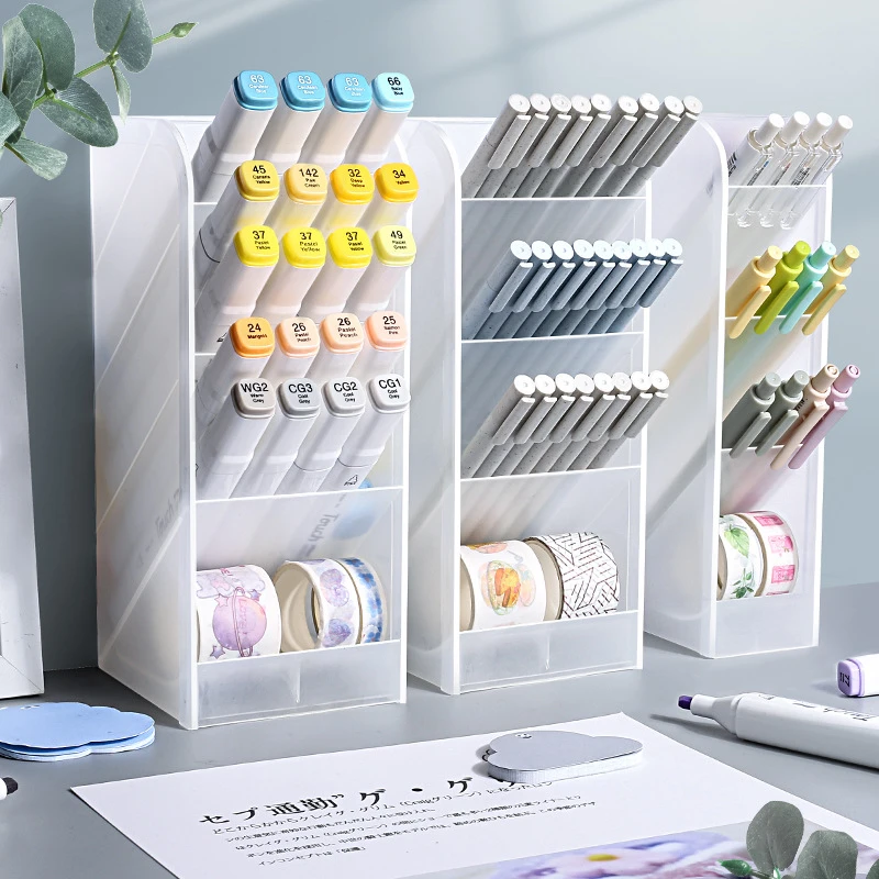

New Desktop Organizer Pen Holder Pencil Makeup Brush Storage Box 4 Grid Oblique Insertion Storage Organizer School Stationery