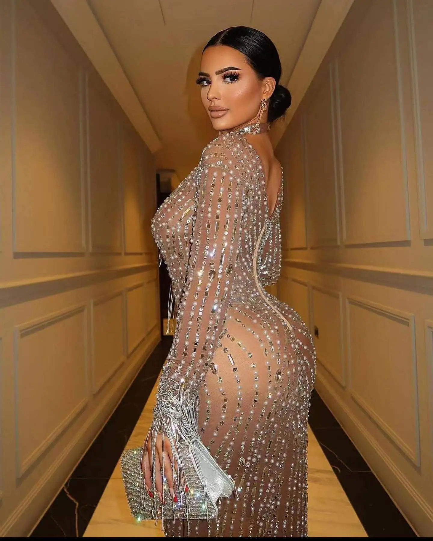 Sparkly Silver Big Rhinestone Transparent Long Dress Evening Birthday Celebrate Luxurious Costume Dancer Flashing Dress