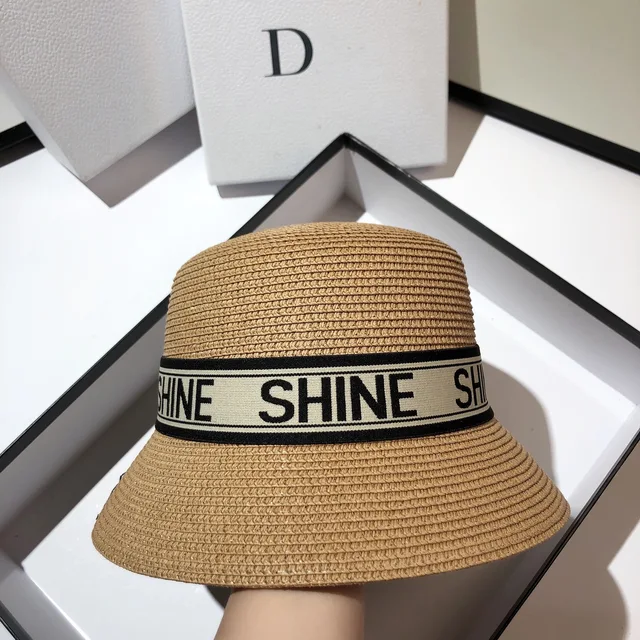 Women Bucket Hat Straw Ribbon Letters 