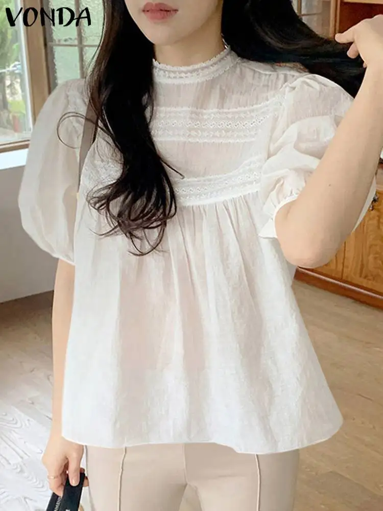 

Повседневные топы VONDA, Женская плиссированная блузка с коротким рукавом, Женские винтажные однотонные рубашки, элегантные офисные женские ...