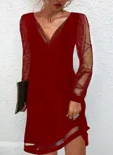 2022 nova primavera roupas femininas cor pura rendas mangas laterais com decote em v vestido pulôver (1)