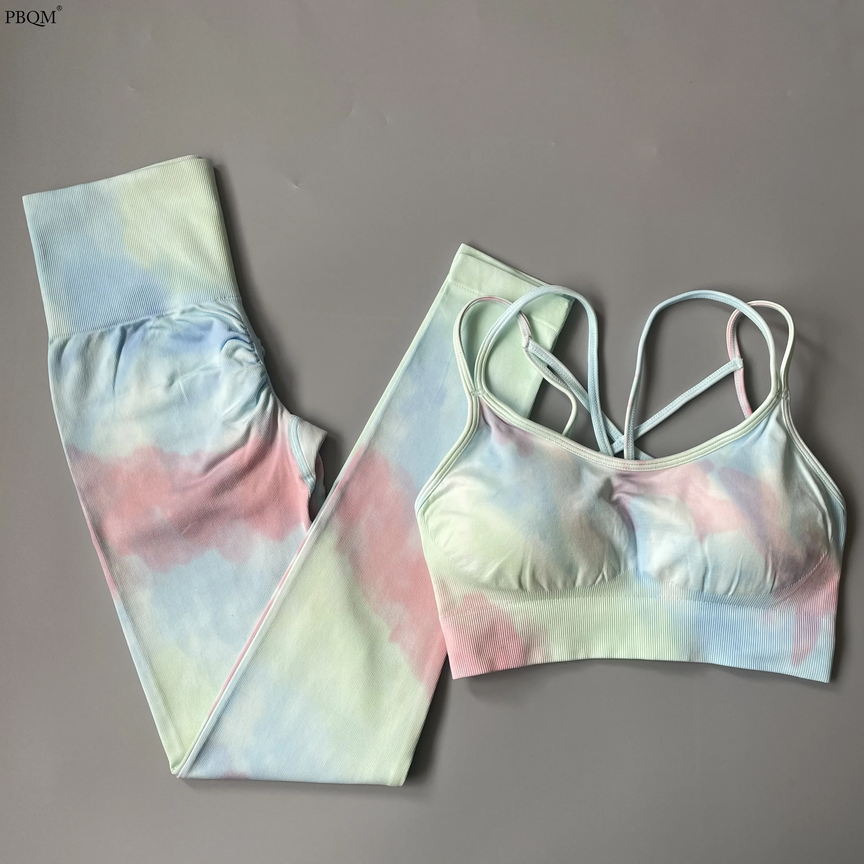 

PBQM 2PCS Seamless Women New Dyeing Yoga Set Workout Sportswear Gym Fitness Clothing Sports Bra High Waist Leggings Sports Suitd