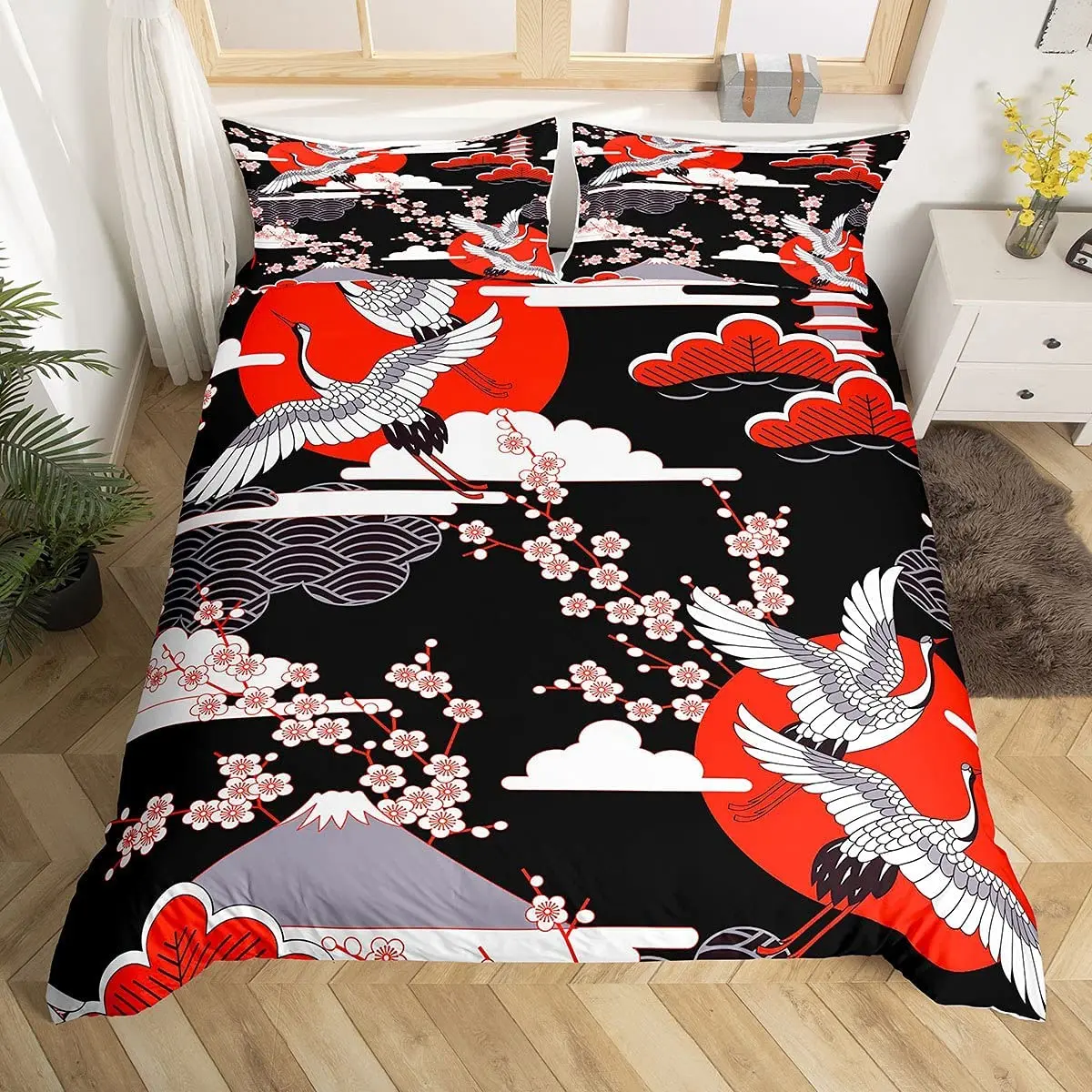 

Crane Duvet Cover Japanese-Style Bedding Set Cherry Pattern Adult Women Girls Comforter Cover Twin Queen Size With Pillowcase