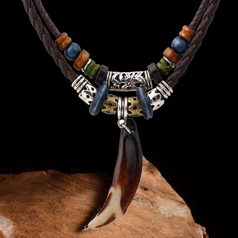 

Vintage Men's Wolf Tooth Pendant Leather Beaded Weaved Prayer Necklace Jewelry