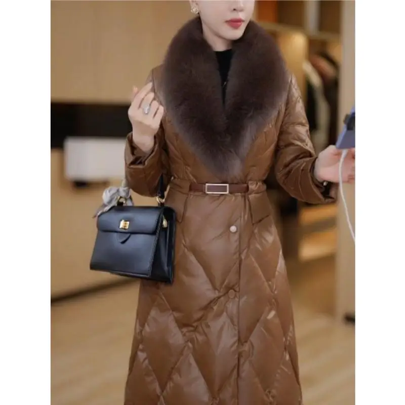 Модное желтое пальто с хлопковой подкладкой и большим меховым воротником для