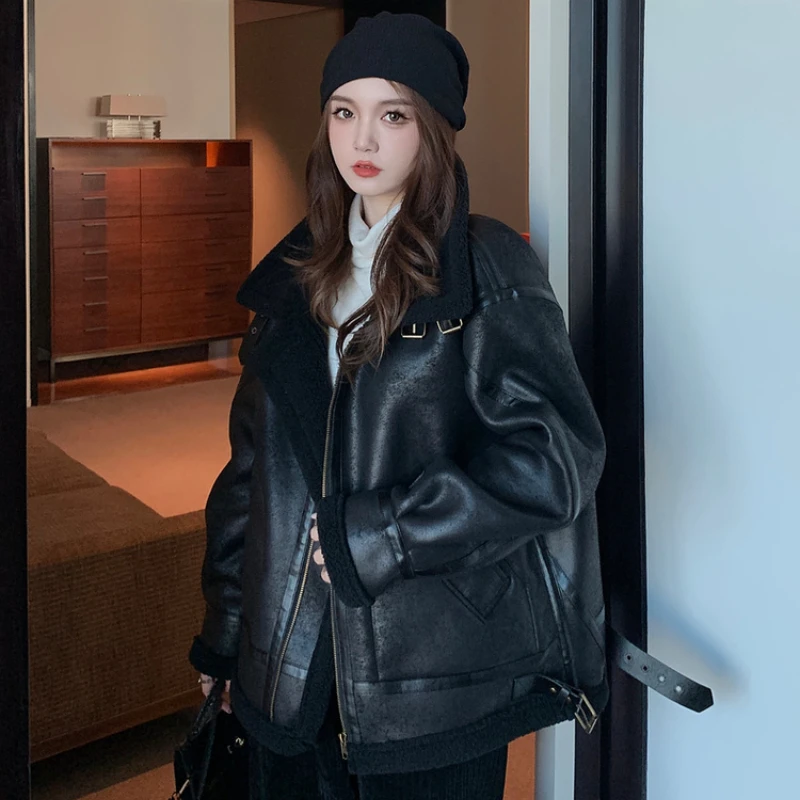 Forst Winter Women Leather Jacket with Shearling Lamb Fur 2023 New Faux Suede Coat Black Brown Thick Warm Motorcycle Top enlarge