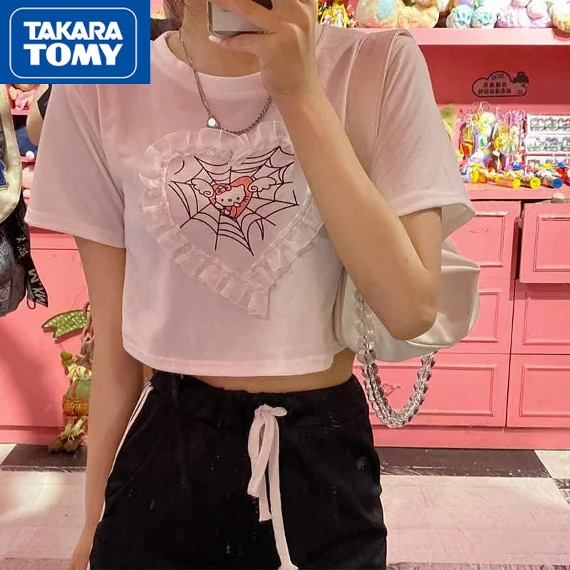 

TAKARA TOMY Summer Girls Heart-shaped Lace Lace Hello Kitty Print Short-sleeved T-shirt Cotton Round Neck Casual Short Top